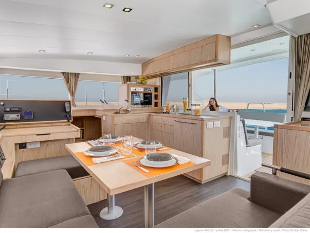 Salon of Footprints, a Lagoon 400 S2 catamaran at Preveza, Greece