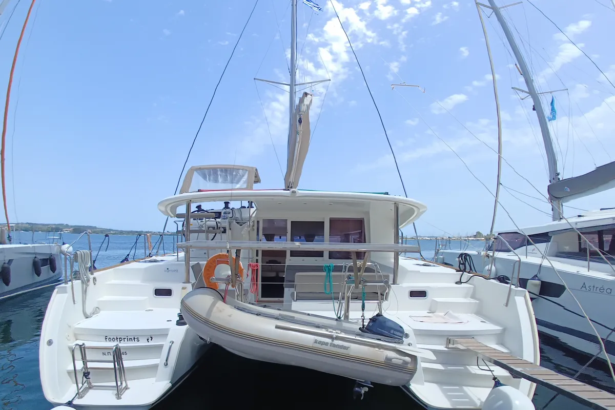 Exterior view of Footprints, a Lagoon 400 S2 catamaran at Preveza, Greece