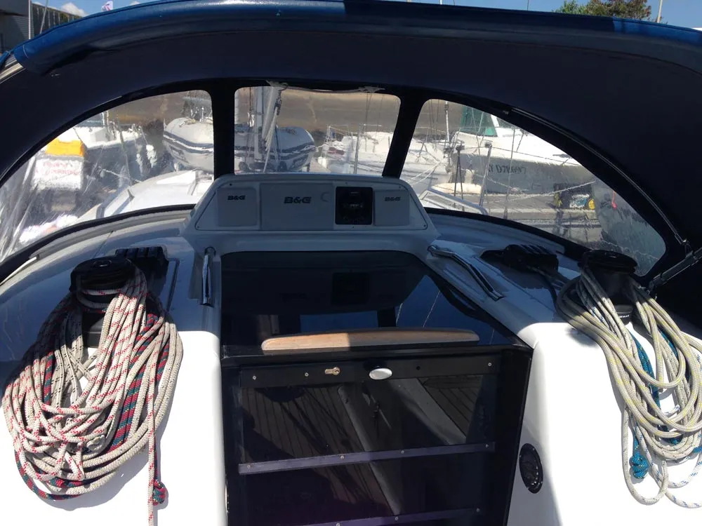 Cockpit of Lorine, a Dehler 32 sailboat at Kerners, France