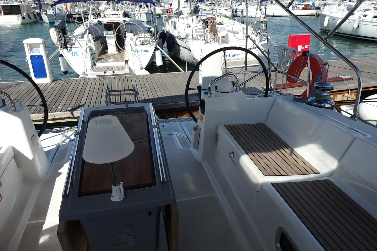 Cockpit of Oceanis 48, a Beneteau Oceanis 48 sailboat at Municipal Unit of Lefkada, Greece