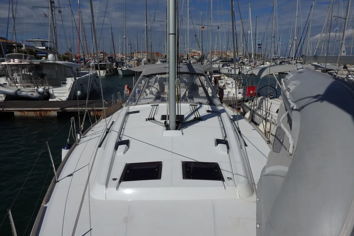 Deck of Oceanis 48, a Beneteau Oceanis 48 sailboat at Municipal Unit of Lefkada, Greece