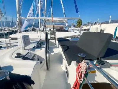 Cockpit of Barone, a Lagoon 46 catamaran at Salerno, Italy
