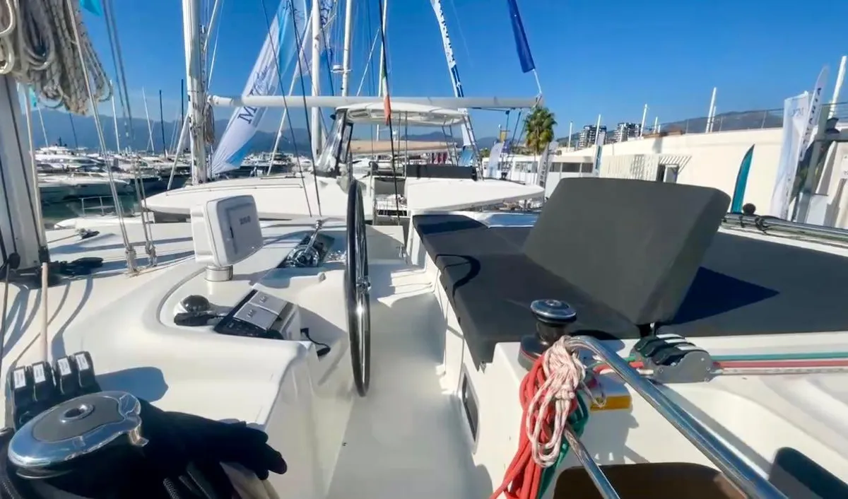 Cockpit of Barone, a Lagoon 46 catamaran at Salerno, Italy