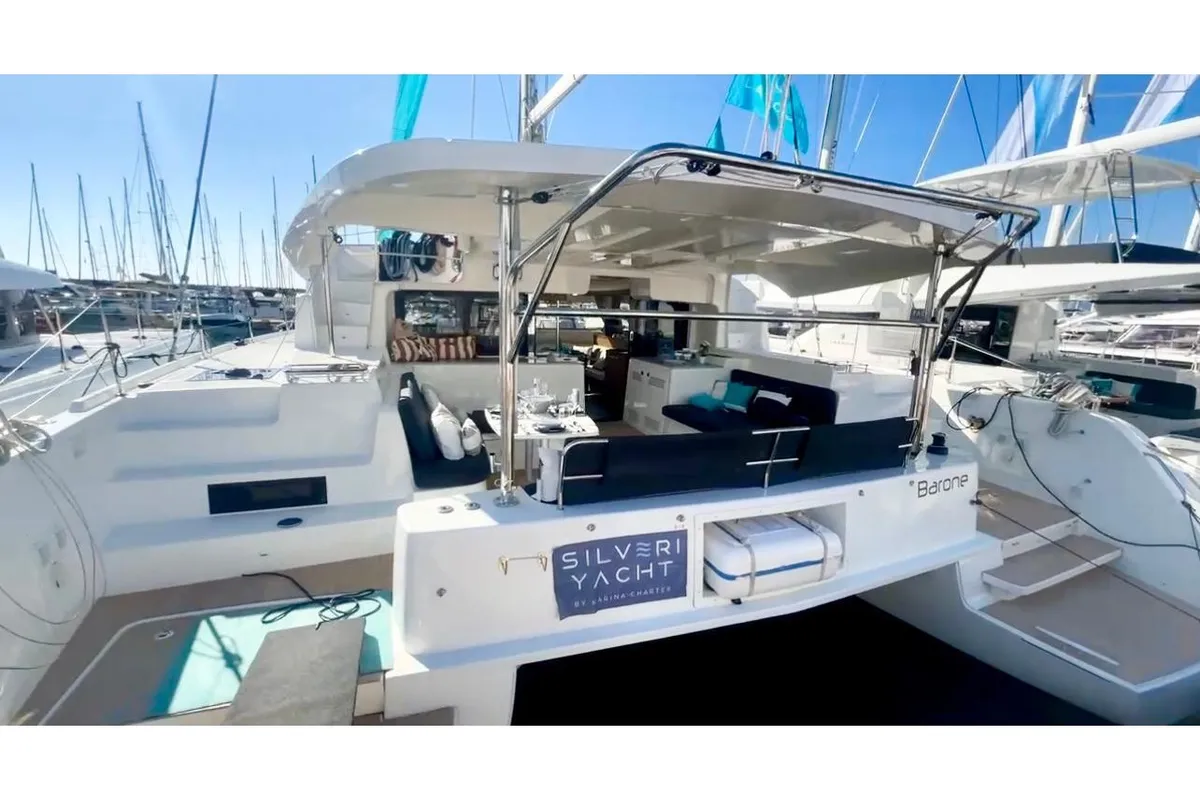 Exterior view of Barone, a Lagoon 46 catamaran at Salerno, Italy