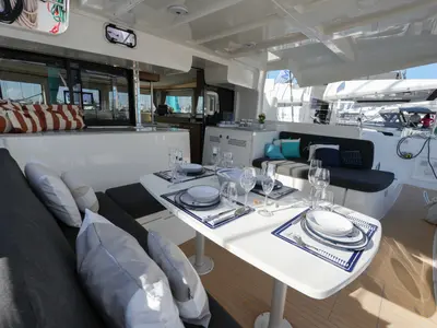 Deck of Barone, a Lagoon 46 catamaran at Salerno, Italy