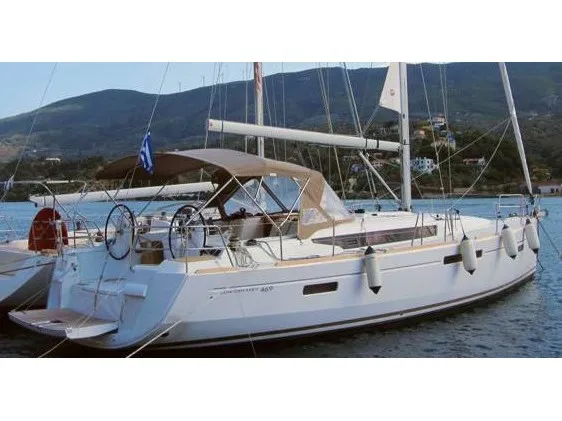 Exterior view of All Blue III, a Jeanneau Sun Odyssey 469 sailboat at Municipal Unit of Lefkada, Greece