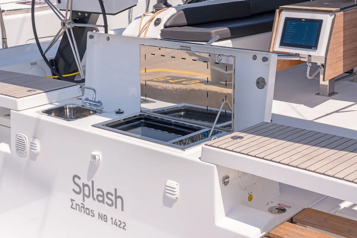 Deck of Splash, a Dufour 530 sailboat at Municipal Unit of Rhodes, Greece