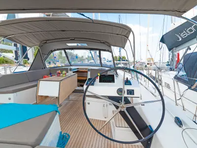 Cockpit of Splash, a Dufour 530 sailboat at Municipal Unit of Rhodes, Greece