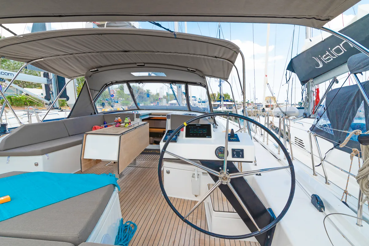 Cockpit of Splash, a Dufour 530 sailboat at Municipal Unit of Rhodes, Greece