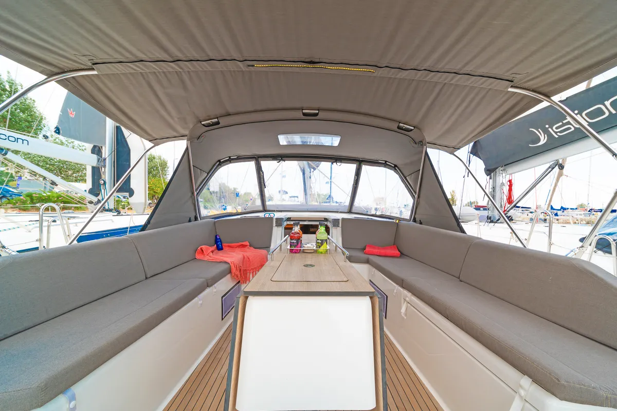 Deck of Splash, a Dufour 530 sailboat at Municipal Unit of Rhodes, Greece