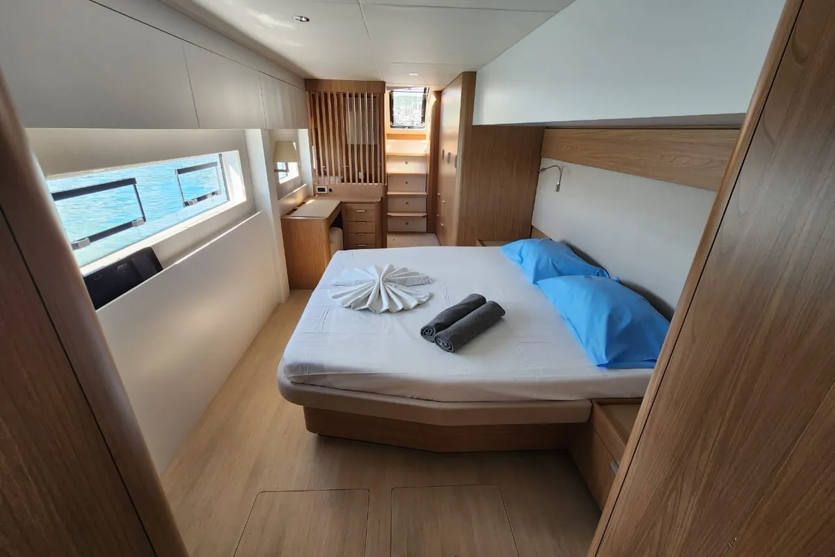 Cabin on Four C'S, a Bali 5.8 catamaran at Hyères, France