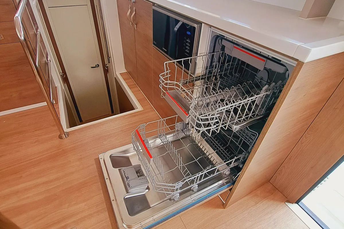 Galley of Cancelli Del Cielo, a Bali 4.6 catamaran at Sant Antoni de Portmany, Spain