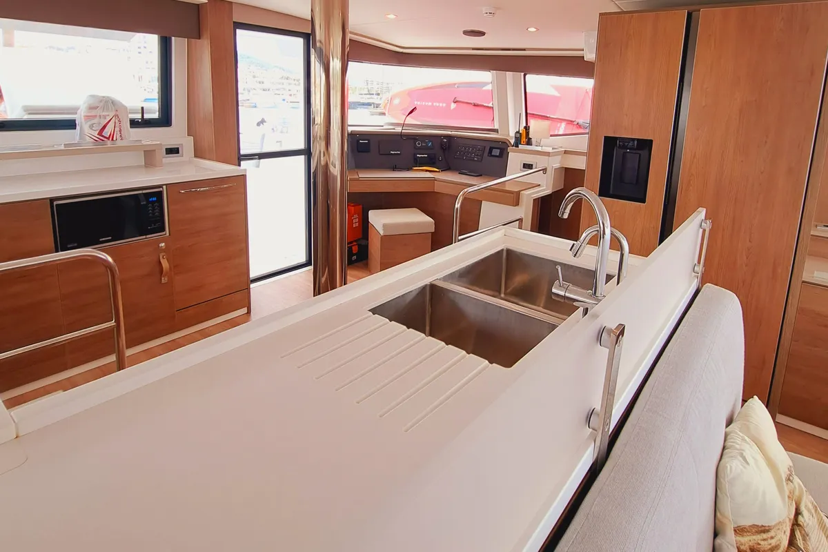 Galley of Cancelli Del Cielo, a Bali 4.6 catamaran at Sant Antoni de Portmany, Spain