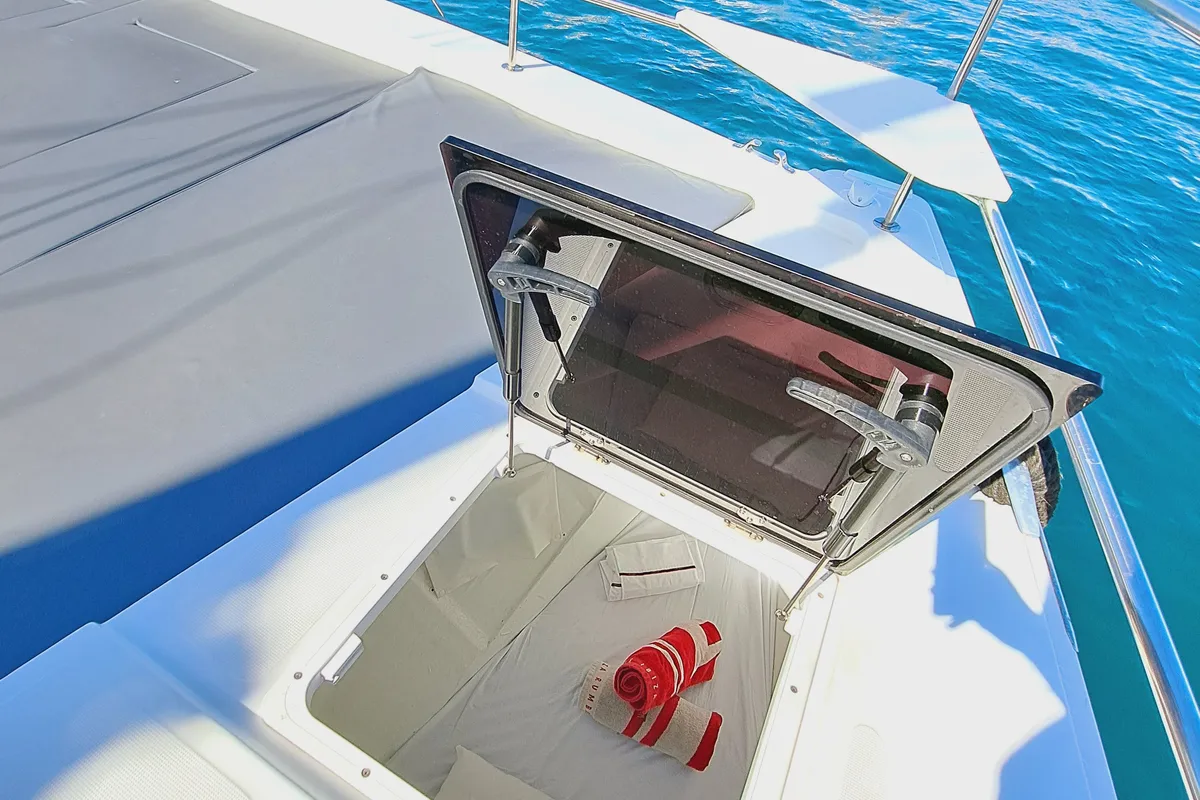Deck of Cancelli Del Cielo, a Bali 4.6 catamaran at Sant Antoni de Portmany, Spain