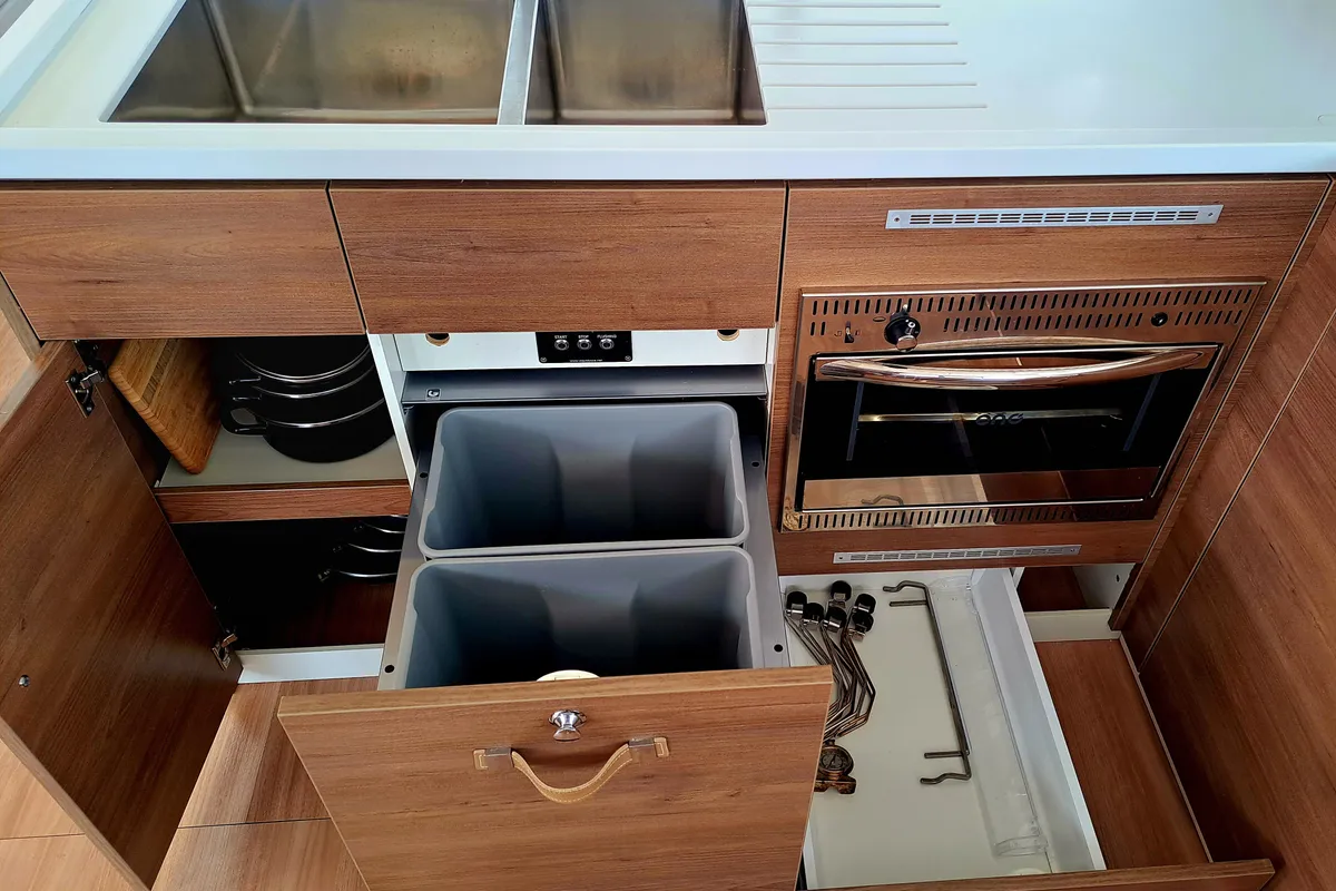 Galley of Cancelli Del Cielo, a Bali 4.6 catamaran at Sant Antoni de Portmany, Spain