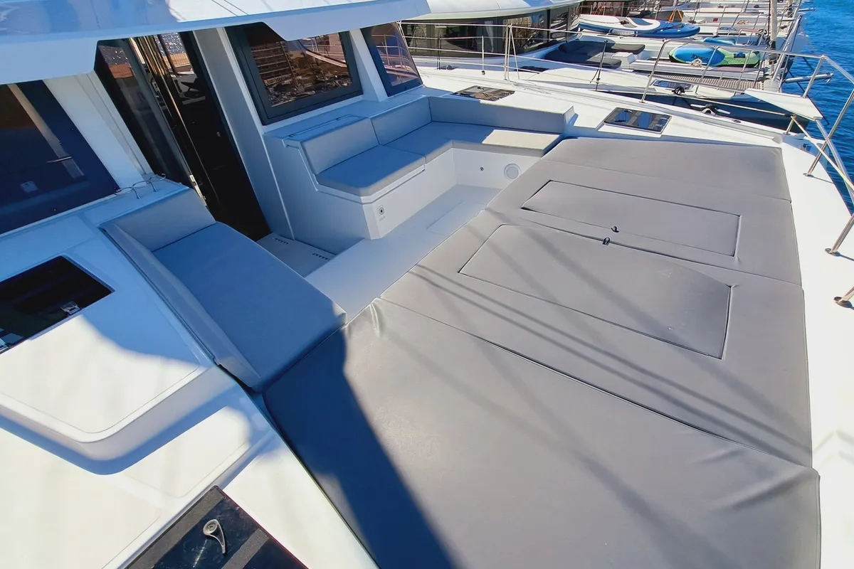Deck of Cancelli Del Cielo, a Bali 4.6 catamaran at Sant Antoni de Portmany, Spain