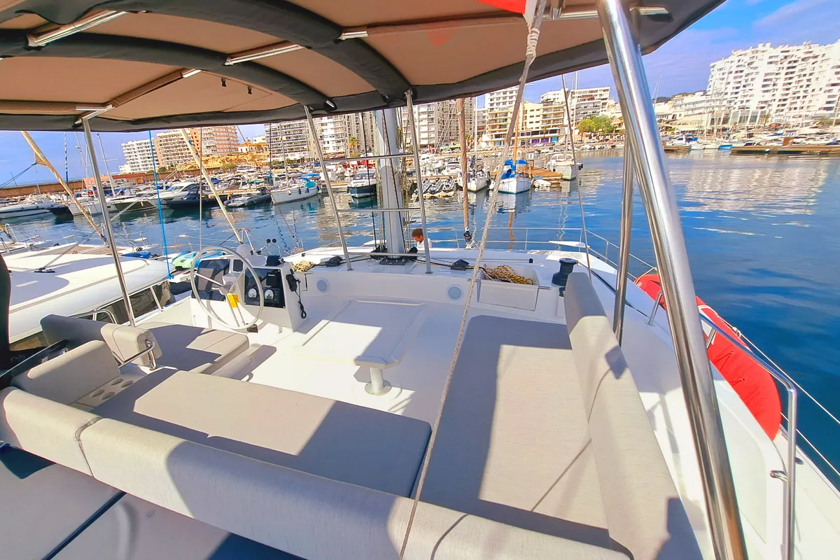 Deck of Cancelli Del Cielo, a Bali 4.6 catamaran at Sant Antoni de Portmany, Spain
