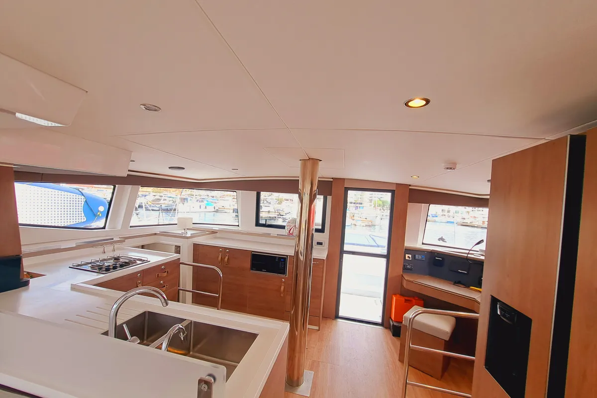 Galley of Cancelli Del Cielo, a Bali 4.6 catamaran at Sant Antoni de Portmany, Spain