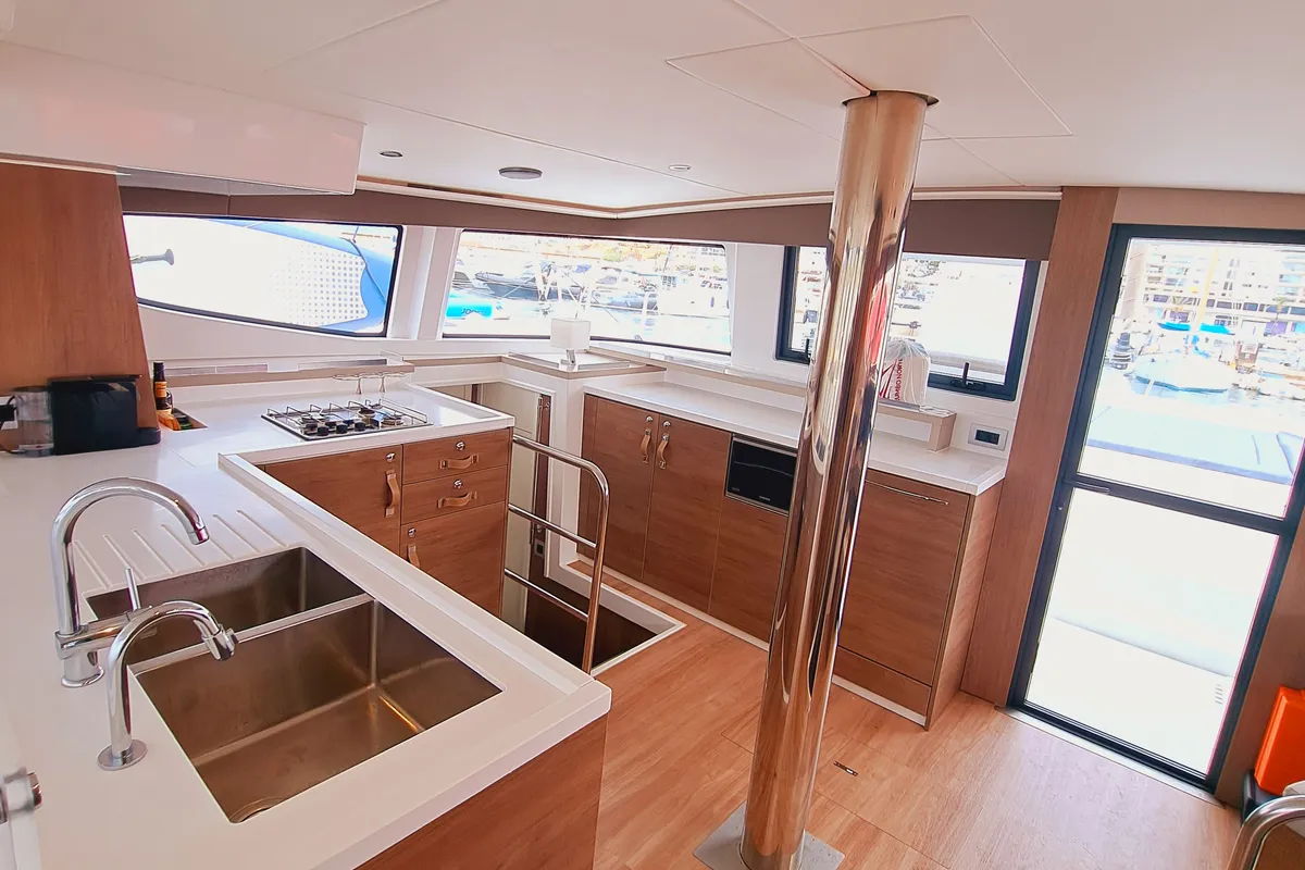 Galley of Cancelli Del Cielo, a Bali 4.6 catamaran at Sant Antoni de Portmany, Spain