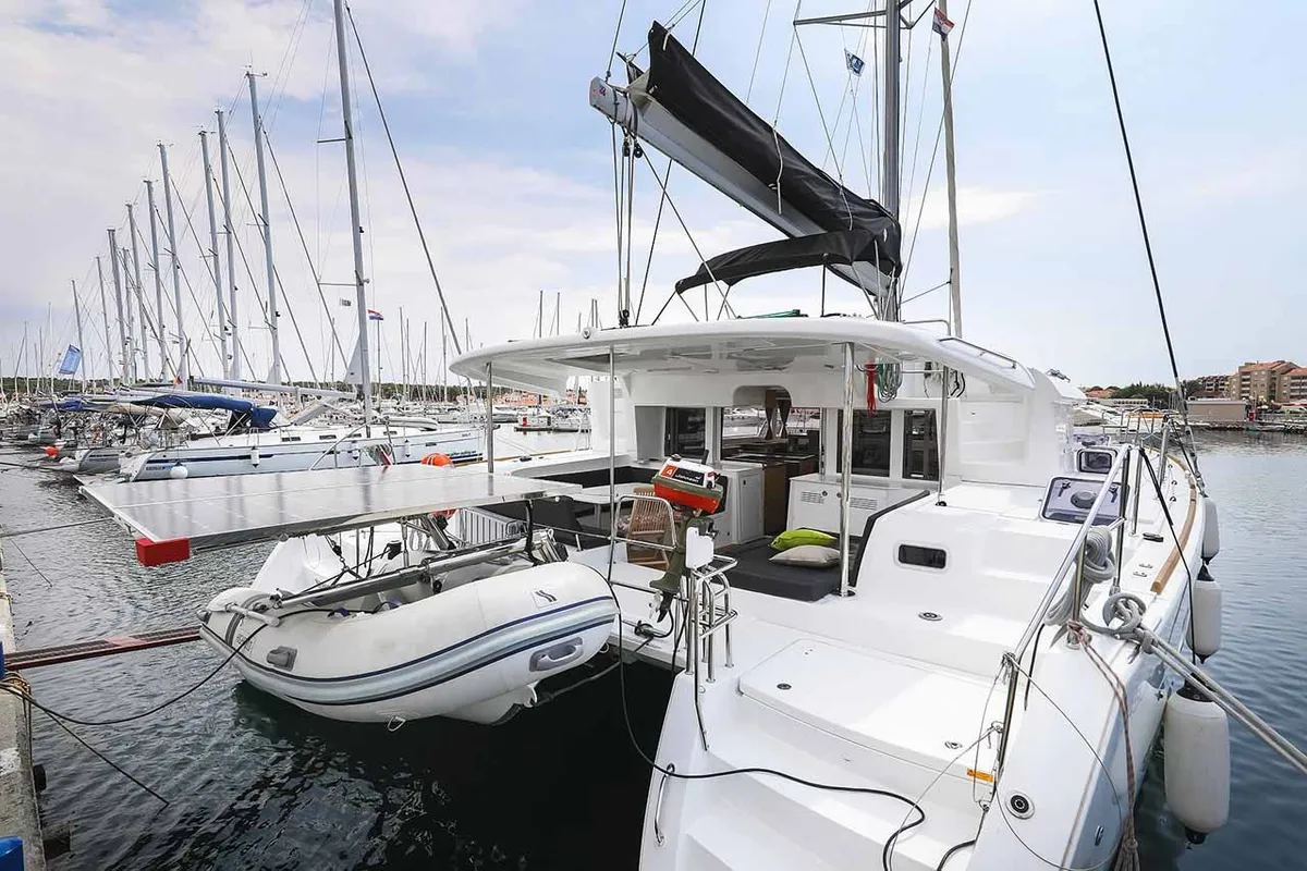 Exterior view of Sunce, a Lagoon 450 F catamaran at Grad Pula, Croatia