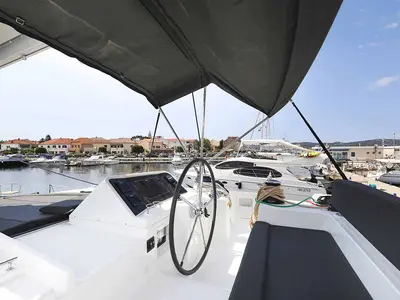 Cockpit of Sunce, a Lagoon 450 F catamaran at Grad Pula, Croatia