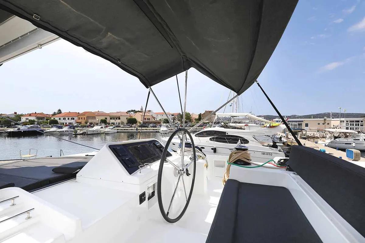 Cockpit of Sunce, a Lagoon 450 F catamaran at Grad Pula, Croatia