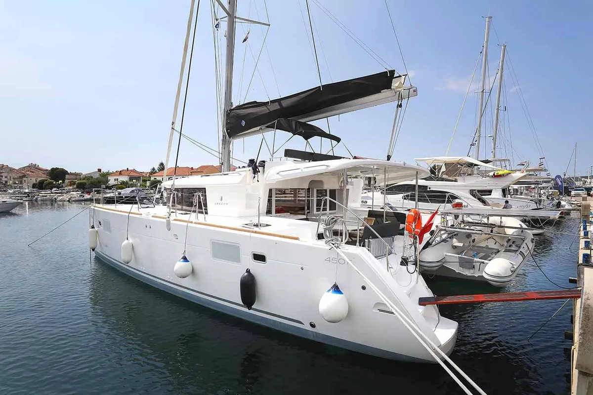 Exterior view of Sunce, a Lagoon 450 F catamaran at Grad Pula, Croatia