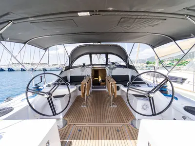 Cockpit of Skipper's Girl, a Elan Impression 45 sailboat at Kaštela, Croatia