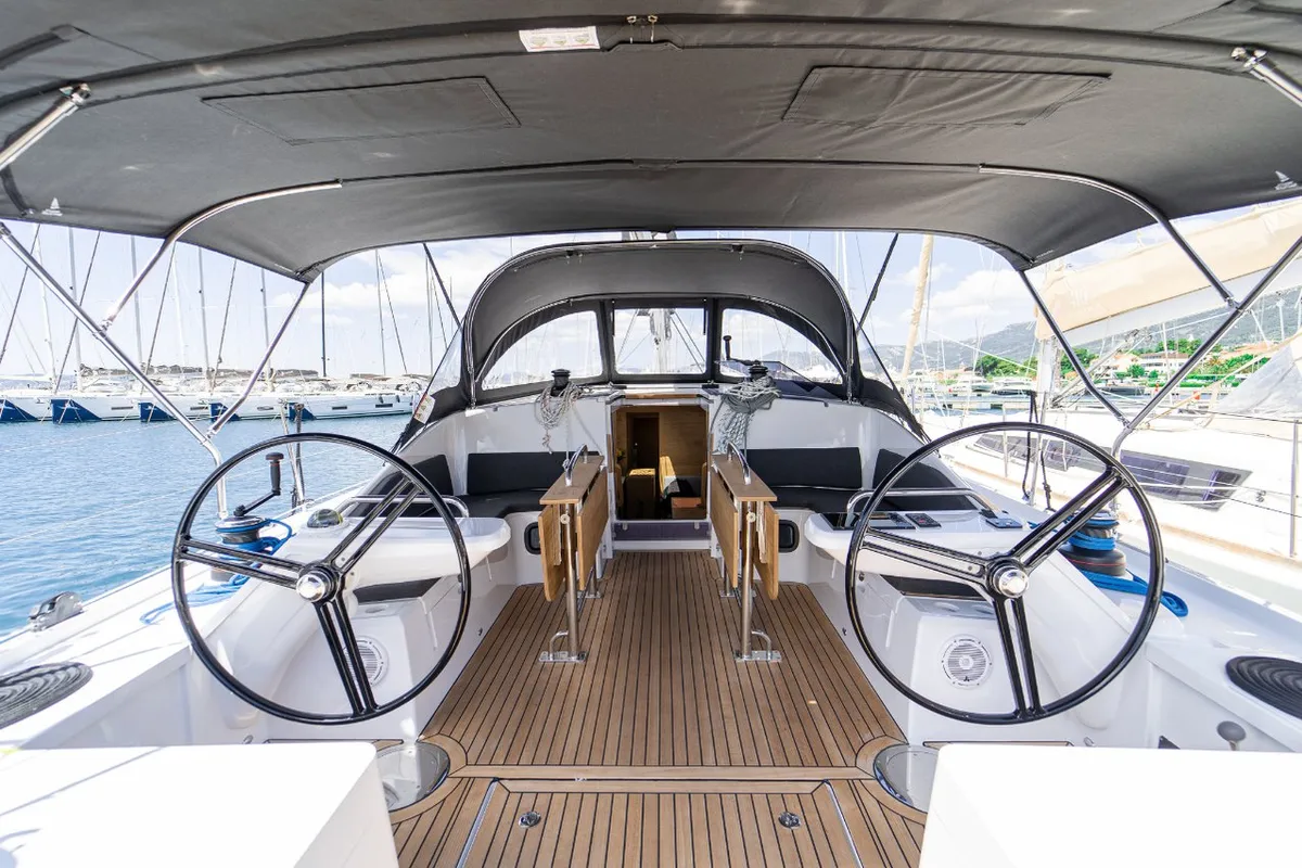 Cockpit of Skipper's Girl, a Elan Impression 45 sailboat at Kaštela, Croatia