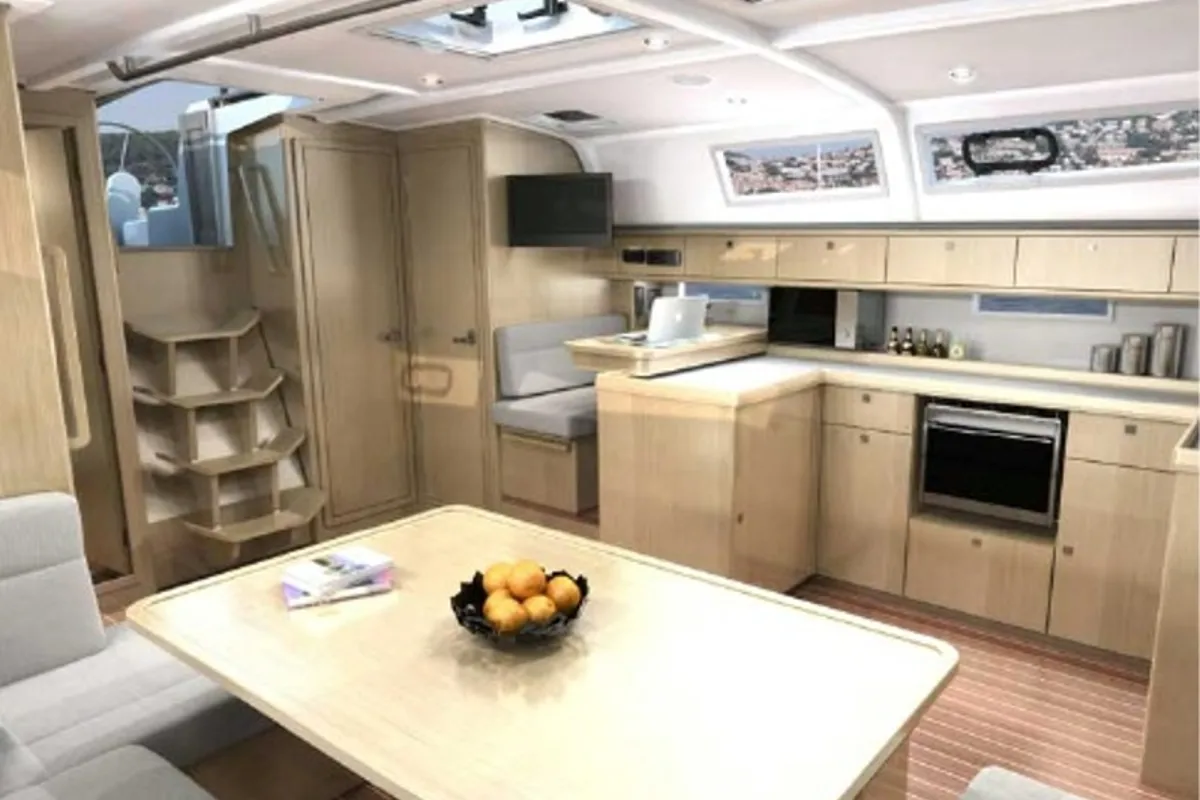 Salon of AF-BC51, a Bavaria Cruiser 51 sailboat at Kos, Greece