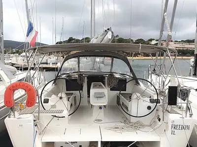 Cockpit of Freedom, a Dufour 410 Grand Large sailboat at Athens, Greece