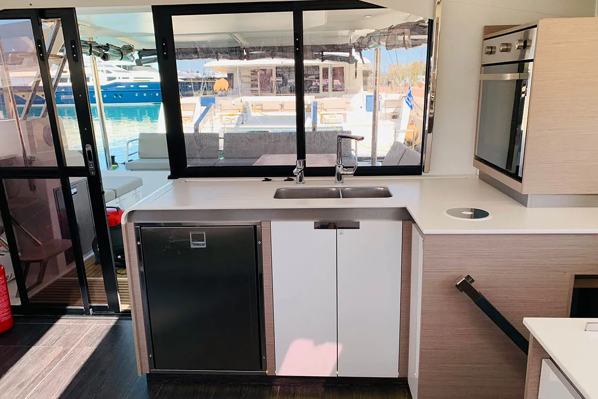 Galley of Ocean’s Twelve , a Fountaine Pajot Elba 45 catamaran at Athens, Greece