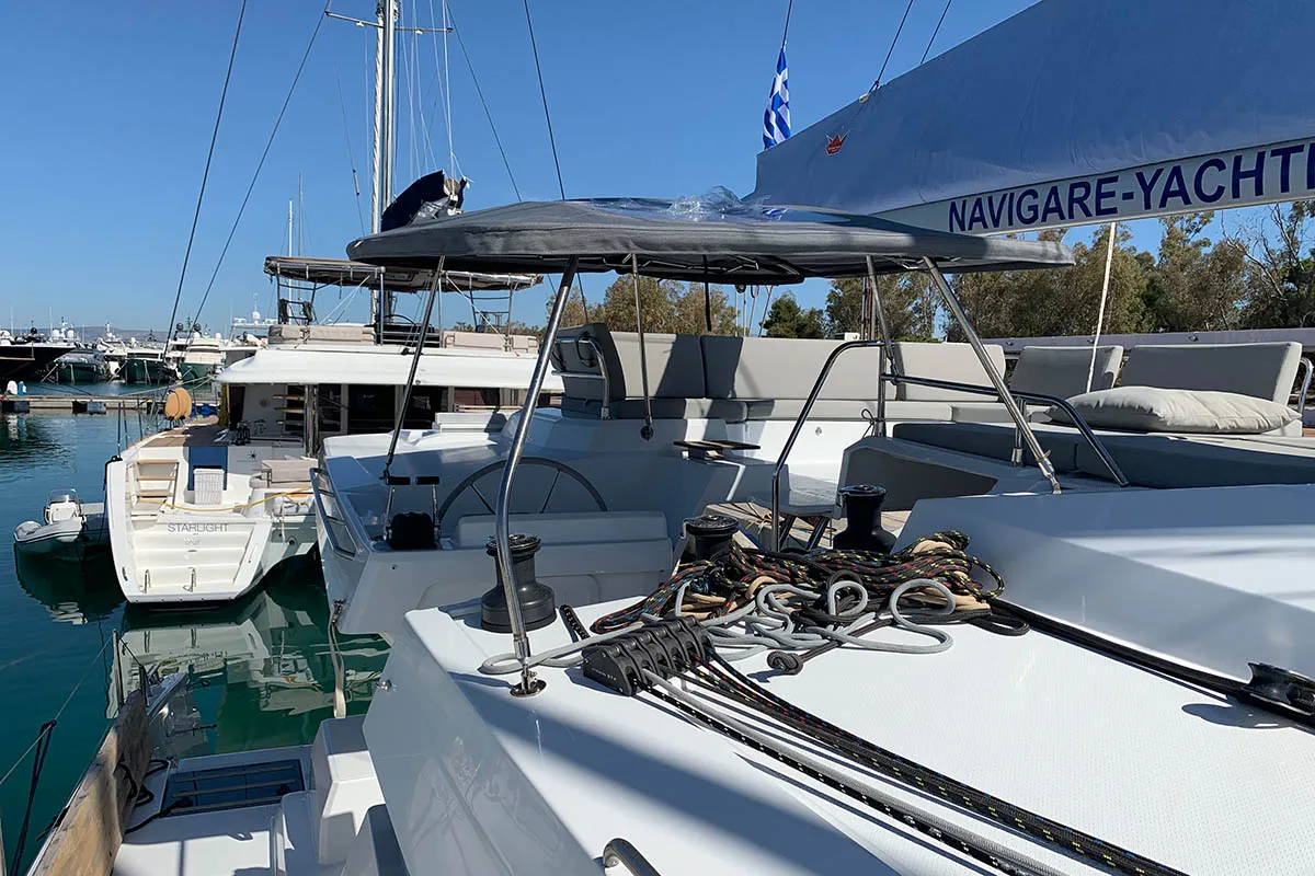 Deck of Ocean’s Twelve , a Fountaine Pajot Elba 45 catamaran at Athens, Greece