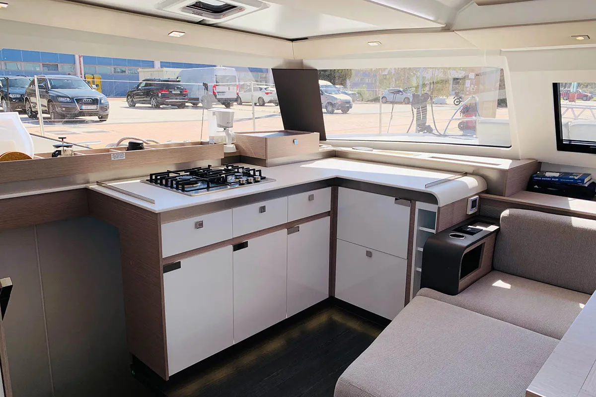Galley of Ocean’s Twelve , a Fountaine Pajot Elba 45 catamaran at Athens, Greece