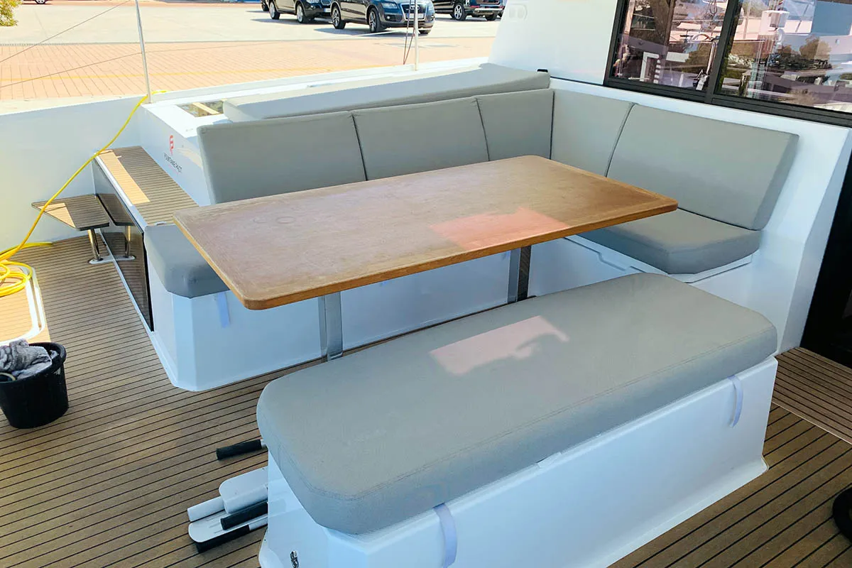 Deck of Ocean’s Twelve , a Fountaine Pajot Elba 45 catamaran at Athens, Greece