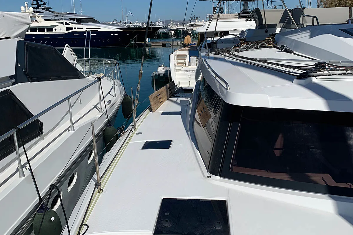 Deck of Ocean’s Twelve , a Fountaine Pajot Elba 45 catamaran at Athens, Greece