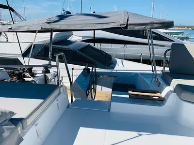 Cockpit of Ocean’s Twelve , a Fountaine Pajot Elba 45 catamaran at Athens, Greece