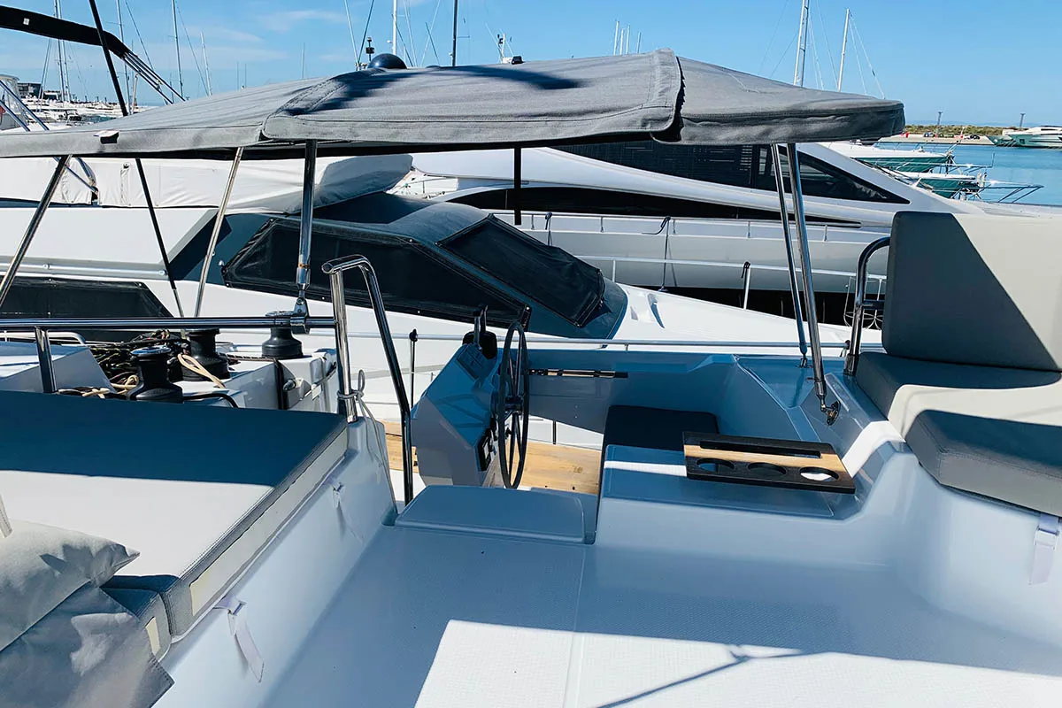 Cockpit of Ocean’s Twelve , a Fountaine Pajot Elba 45 catamaran at Athens, Greece