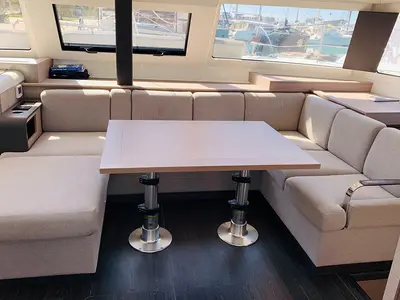 Salon of Ocean’s Twelve , a Fountaine Pajot Elba 45 catamaran at Athens, Greece