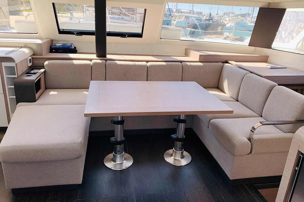 Salon of Ocean’s Twelve , a Fountaine Pajot Elba 45 catamaran at Athens, Greece