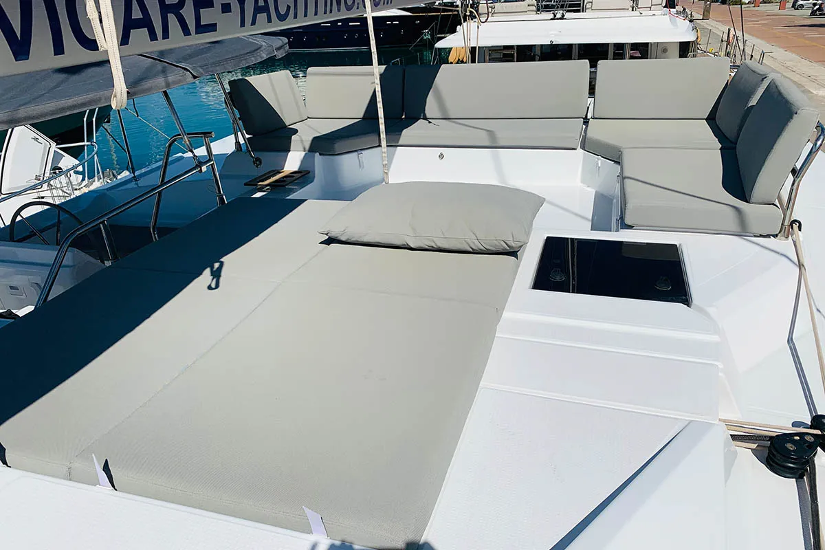 Deck of Ocean’s Twelve , a Fountaine Pajot Elba 45 catamaran at Athens, Greece