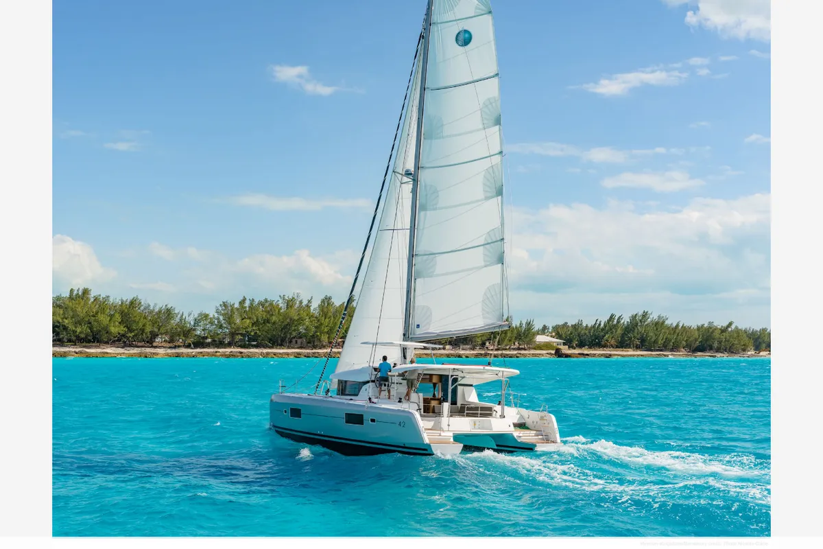 Exterior view of Nera, a Lagoon 42 catamaran at Seget Donji, Croatia