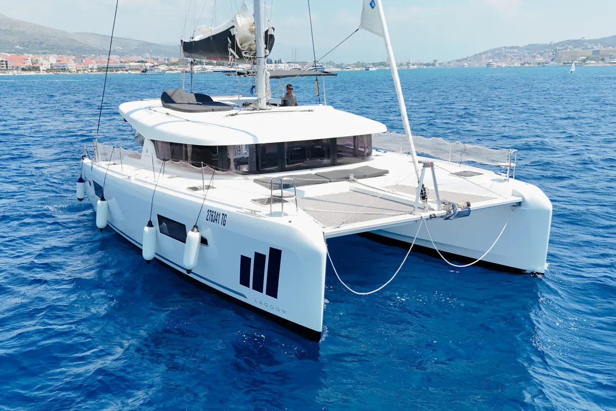 Exterior view of Nera, a Lagoon 42 catamaran at Seget Donji, Croatia