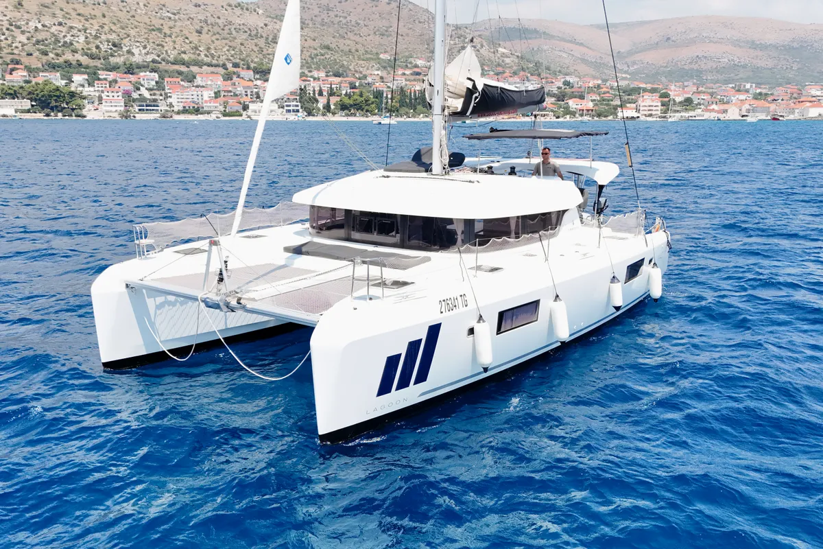 Exterior view of Nera, a Lagoon 42 catamaran at Seget Donji, Croatia