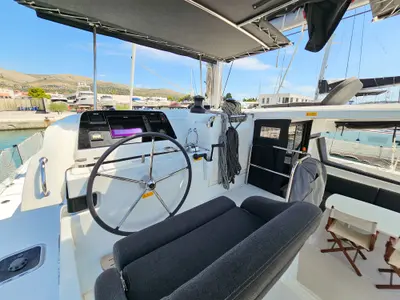 Cockpit of Nera, a Lagoon 42 catamaran at Seget Donji, Croatia