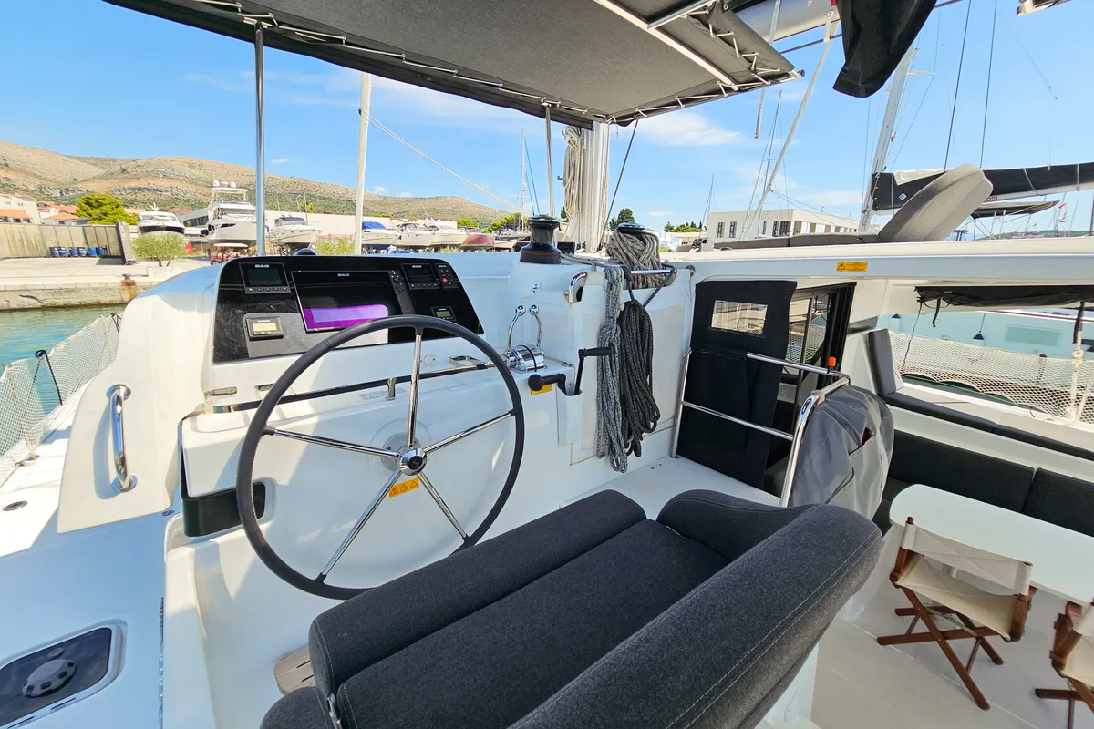 Cockpit of Nera, a Lagoon 42 catamaran at Seget Donji, Croatia