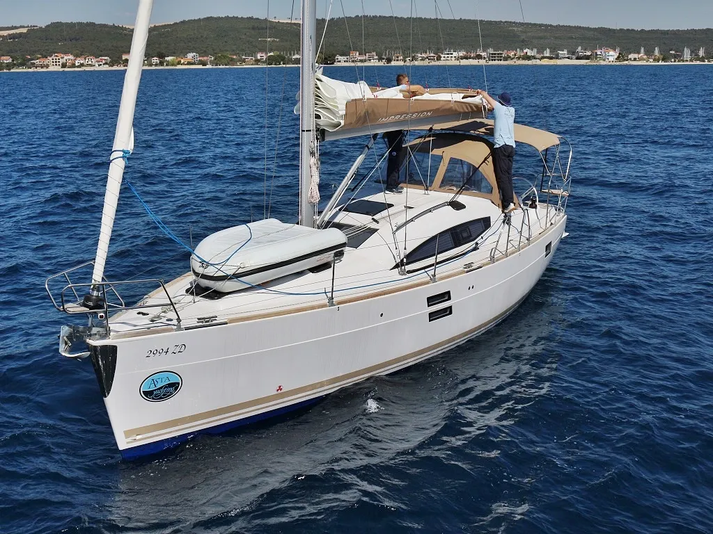 Exterior view of Lyra, a Elan Impression 40 sailboat at Sukošan, Croatia