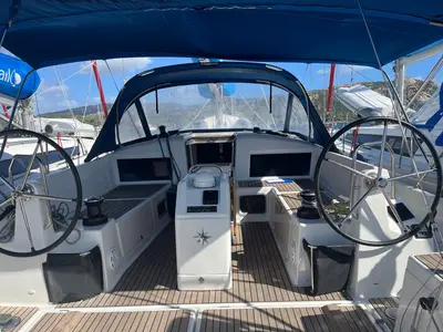 Cockpit of Cicerenella, a Jeanneau Sun Odyssey 440 sailboat at Cannigione, Italy