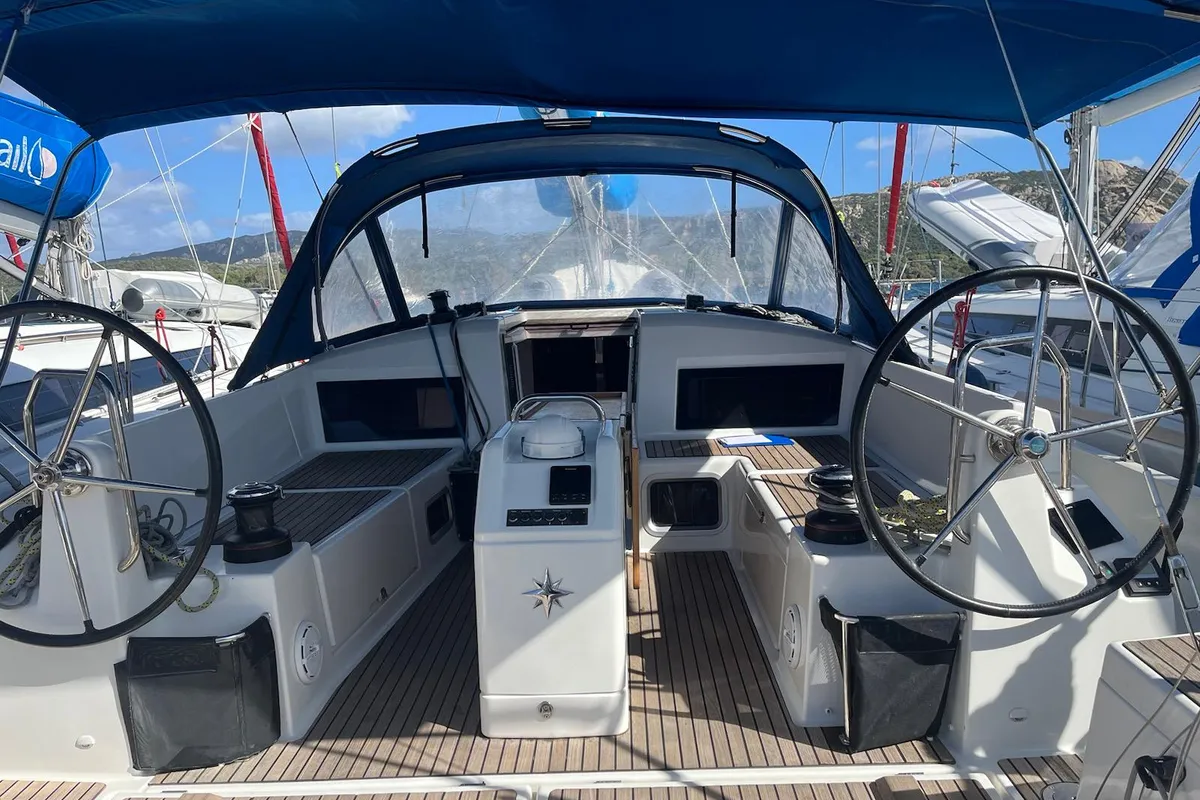 Cockpit of Cicerenella, a Jeanneau Sun Odyssey 440 sailboat at Cannigione, Italy