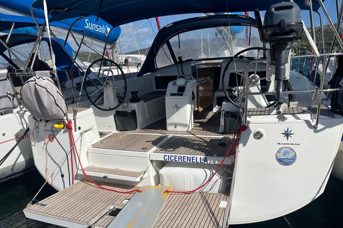 Deck of Cicerenella, a Jeanneau Sun Odyssey 440 sailboat at Cannigione, Italy